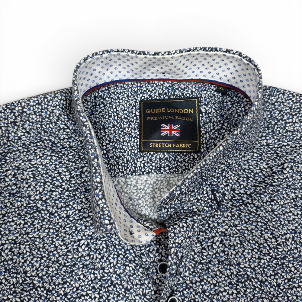 Guide London Mens XL Blue White Floral Stretch Short Sleeve Button Down Shirt